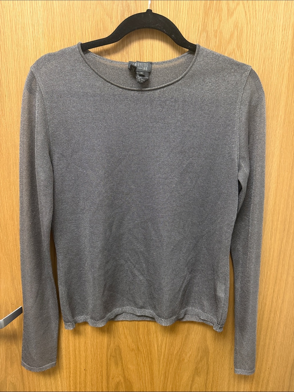 Lafayette 148 New York Metallic Silver Fine Knit Long-Sleeve Crewneck Sweater